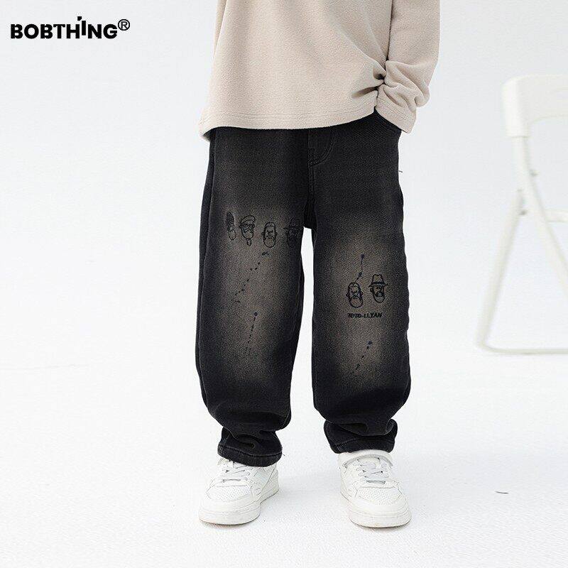 男童卡通刺绣水洗黑牛仔裤一体绒长裤儿童冬季加厚休闲裤子童装潮