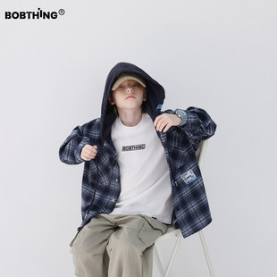 男童秋装蓝格子连帽衬衫外套2025新款童装磨毛衬衣儿童长袖开衫潮