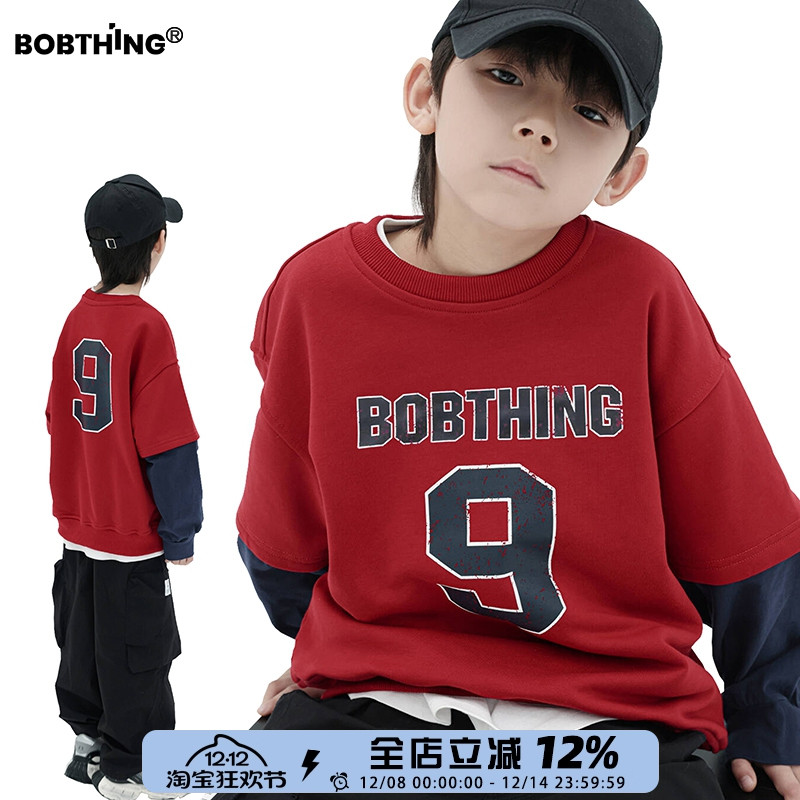 男童红色假两件卫衣春圆领打底衫