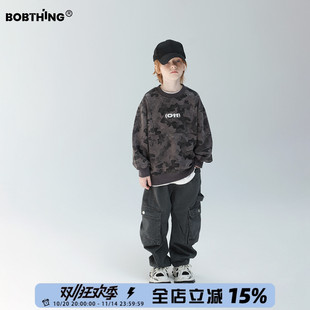 潮牌上衣中大童装 儿童春秋打底衫 灰迷彩圆领卫衣2025新款 男童秋装