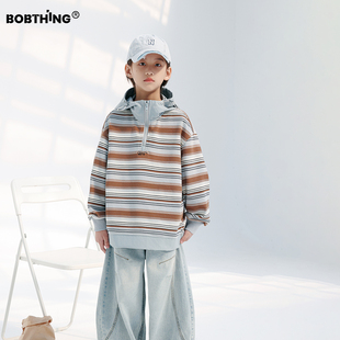 男童春装咖蓝拼色条连帽卫衣2026新款儿童条纹打底衫百搭针织上衣