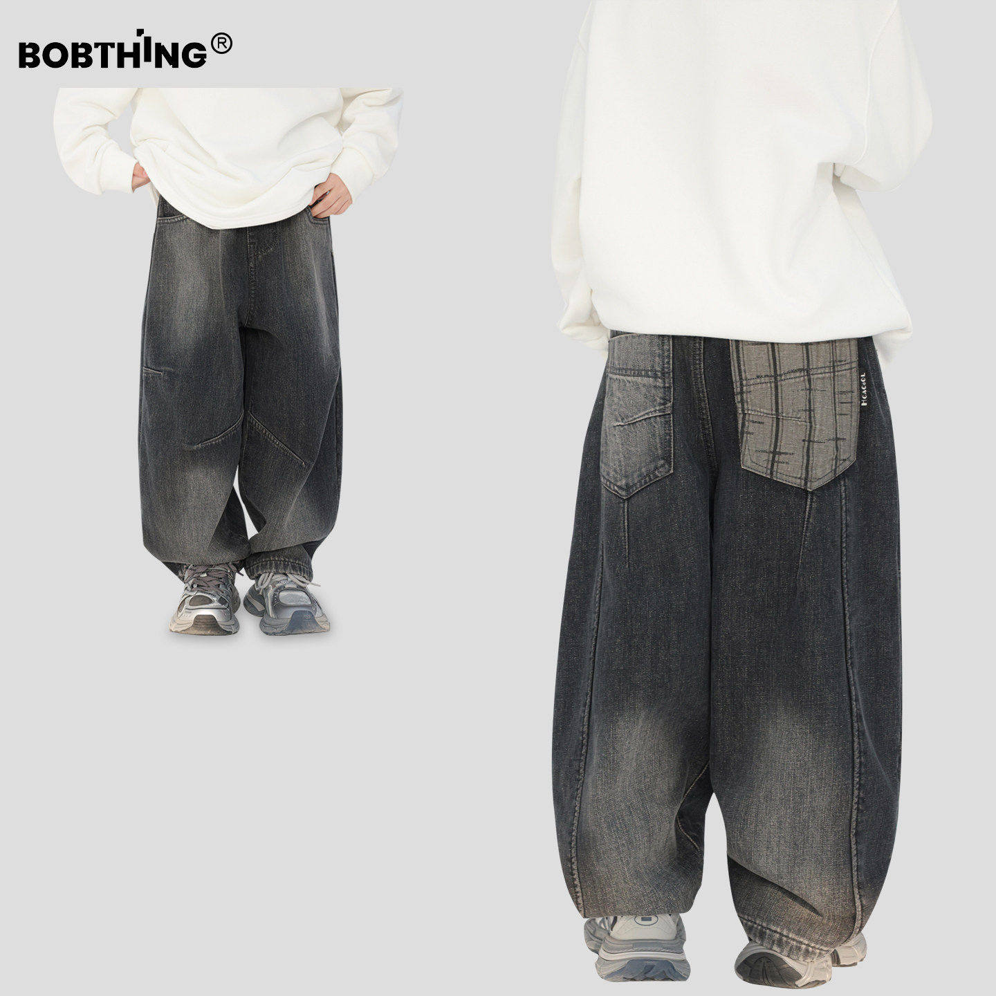 PP个性口袋男童冬季水洗黑色牛仔裤一体绒长裤儿童加绒加厚裤子潮