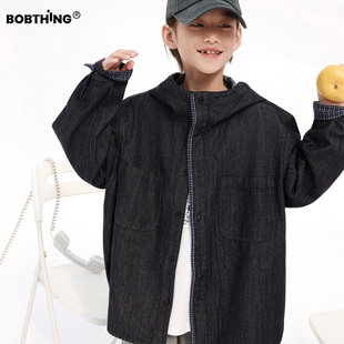 男童春装格子撞色连帽牛仔开衫2026新款中大童休闲上衣连帽外套潮