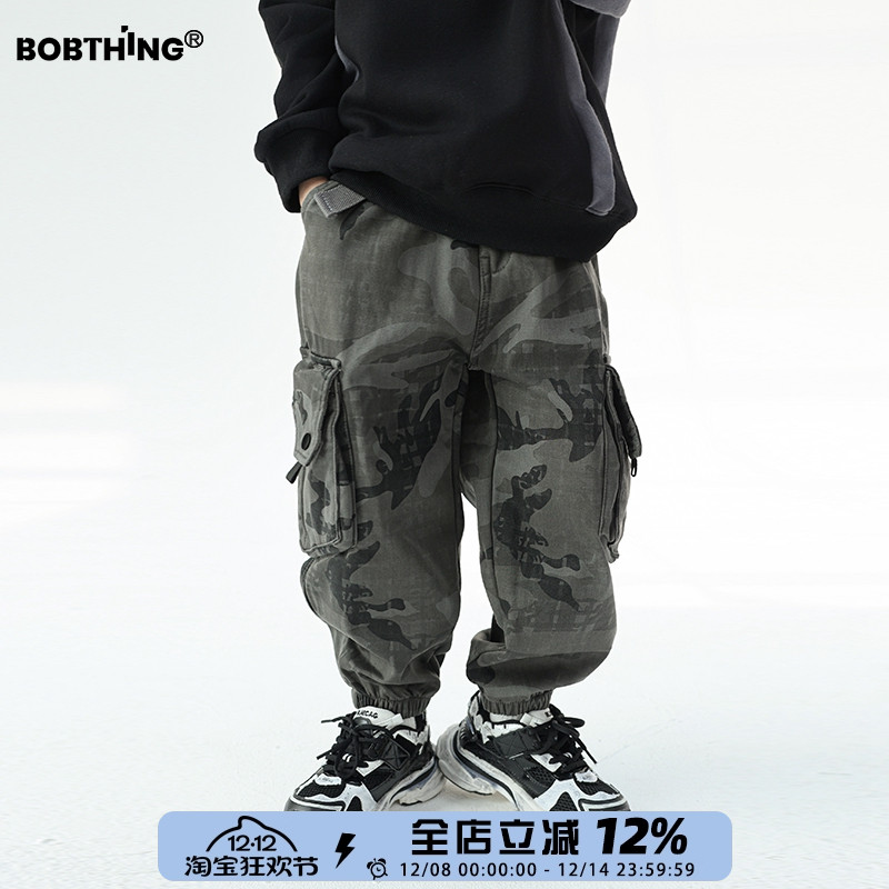 男童个性口袋一体绒迷彩裤儿童冬季加绒加厚工装裤潮童装休闲裤子