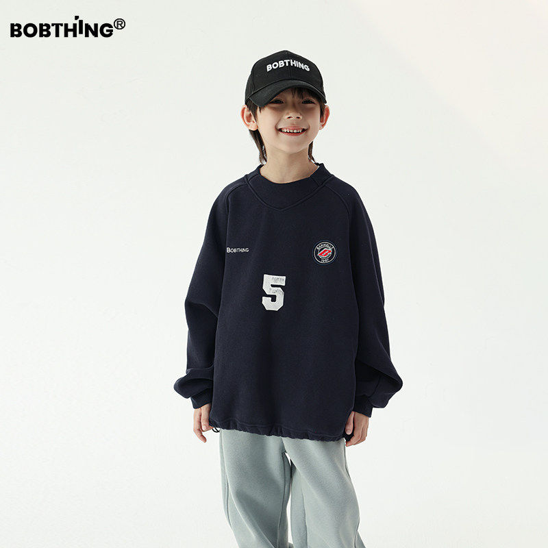 男童数字刺绣一体绒圆领卫衣运动风套头衫儿童冬季厚打底衫潮童装