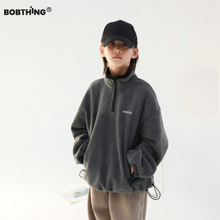 男童冬装撞黑拉链毛绒套头衫加厚卫衣儿童半拉链套头上衣童装潮服