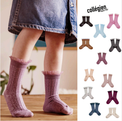 法国collegien  女童经典闪亮银丝薄纱花边短袜 坑条短袜