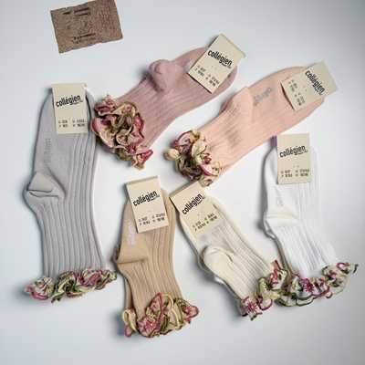 法国collegien  女童经典刺绣小花花边短袜 坑条百搭短袜