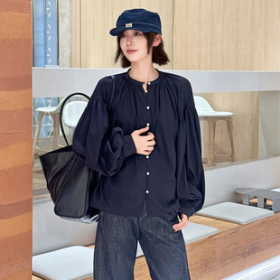 圆领长袖 复古时尚 衬衫 法式 宽松上衣 女秋冬新款 画粉原创设计泡泡袖