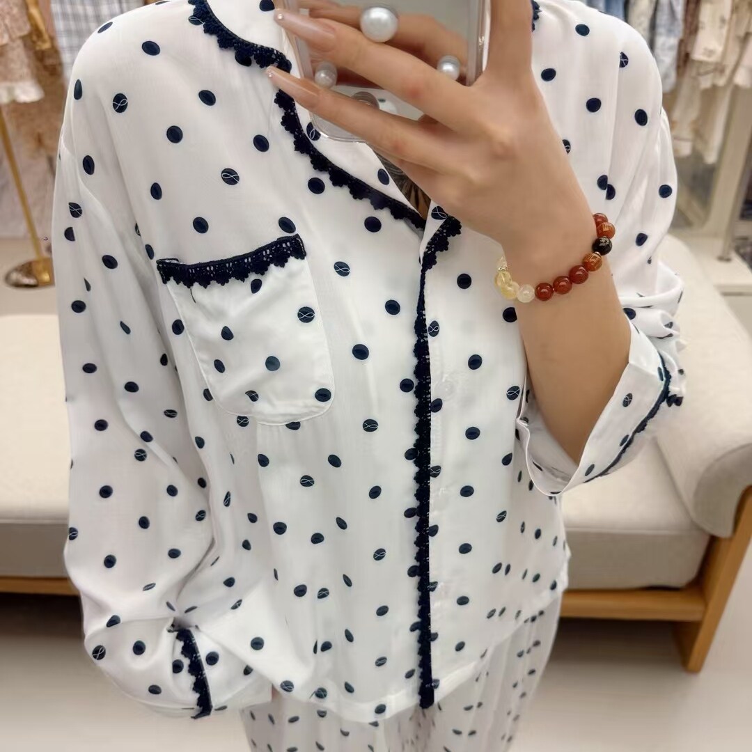 韩国进口lunaluz正品25春夏波点翻领丝滑莫代尔长袖睡衣/家居服套