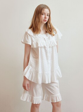 韩国进口lunaluz正品24夏季刺绣球球棉仙女女短袖女睡衣/家居服套