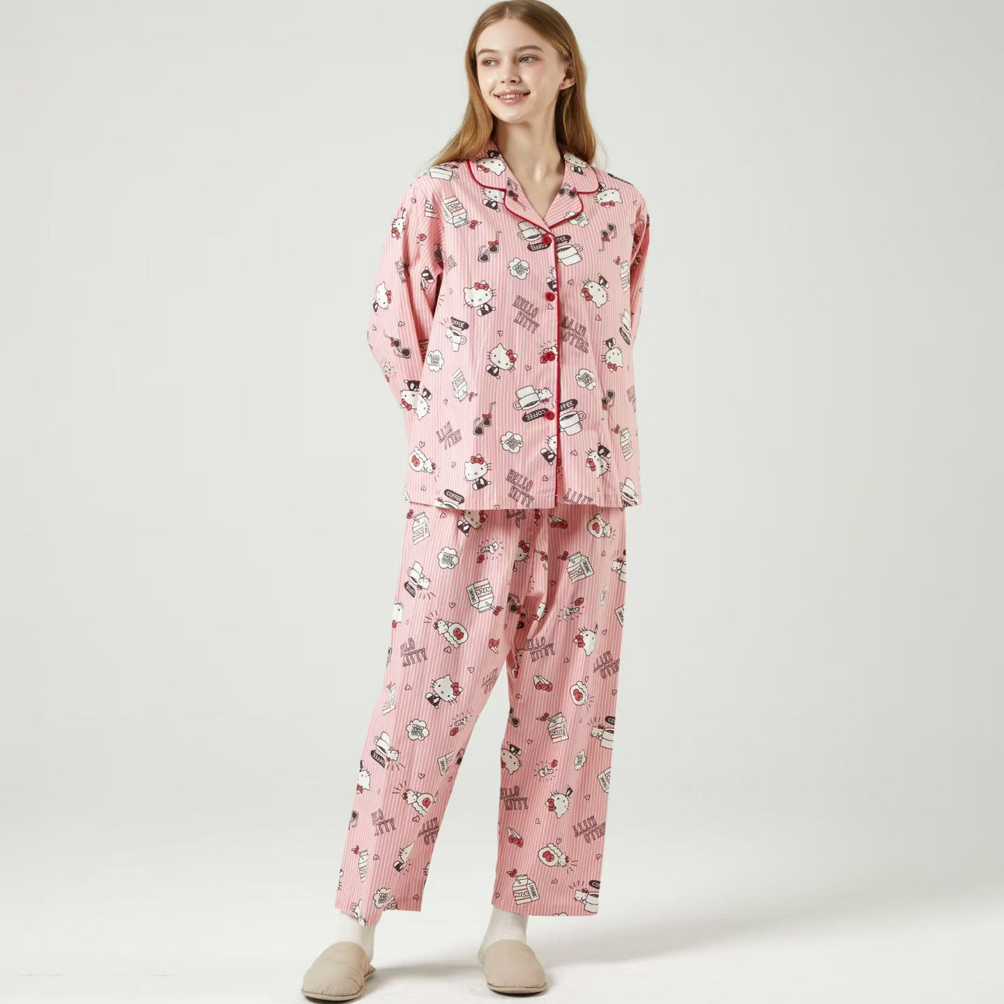 25韩国进口hello kitty卡通可爱纯棉翻领舒适长袖睡衣/家居服套装