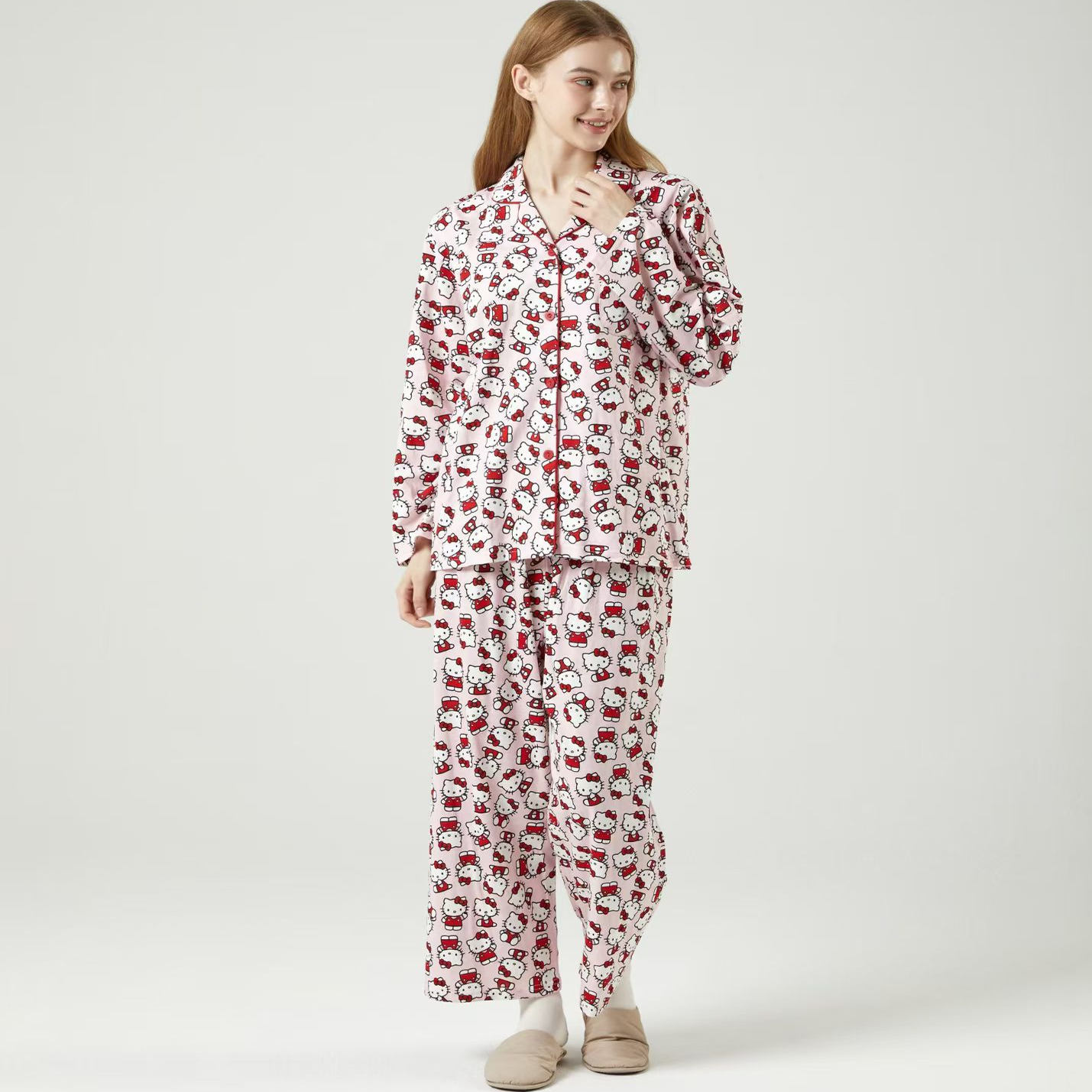 25韩国进口hello kitty卡通猫咪可爱纯棉翻领长袖睡衣/家居服套装