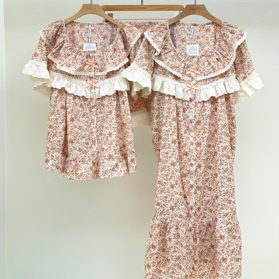 韩国进口lunaluz正品2025夏季纯棉小碎花蕾丝短袖睡衣/家居服套装