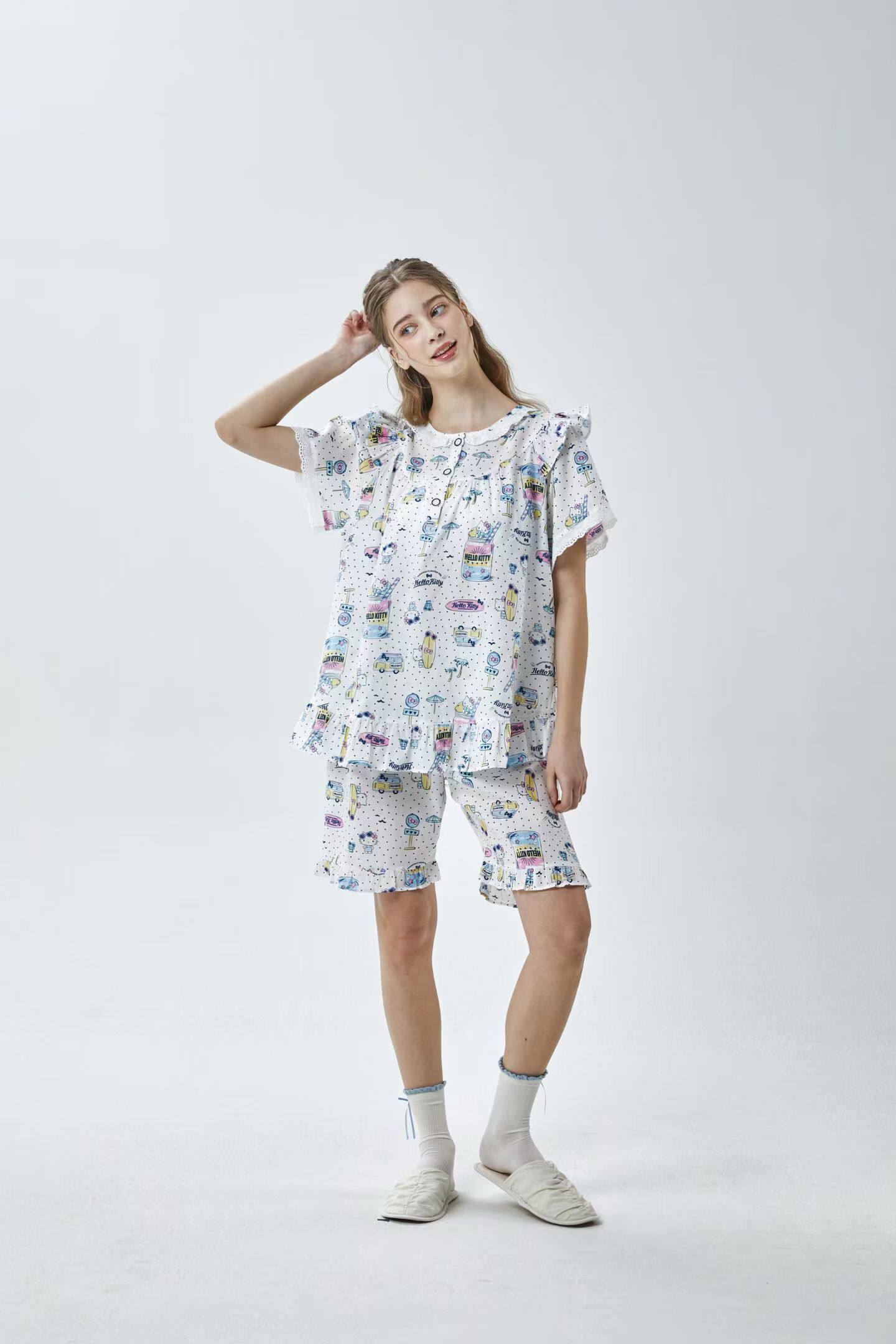 韩国进口Hello Kitty正品26夏季度假天丝凉感短袖睡衣/家居服套装