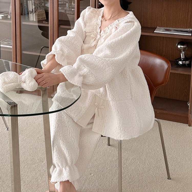 韩国进口lunaluz正品23冬季干净乳白珊瑚绒长袖女睡衣套装/家居服