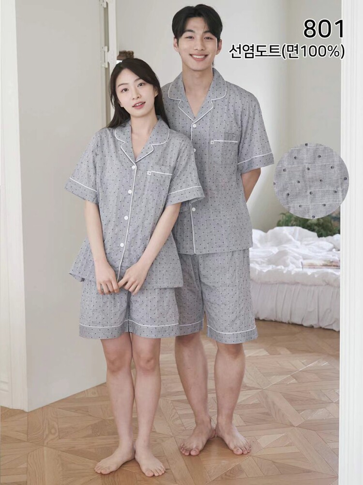 韩国进口SOLO东大门 24夏波点翻领泡泡棉情侣短袖睡衣/家居服套装