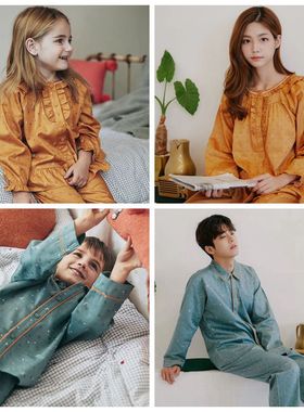 韩国ORCITE专柜 秋季新款月亮纯棉男女儿童家庭装家居服/睡衣套装