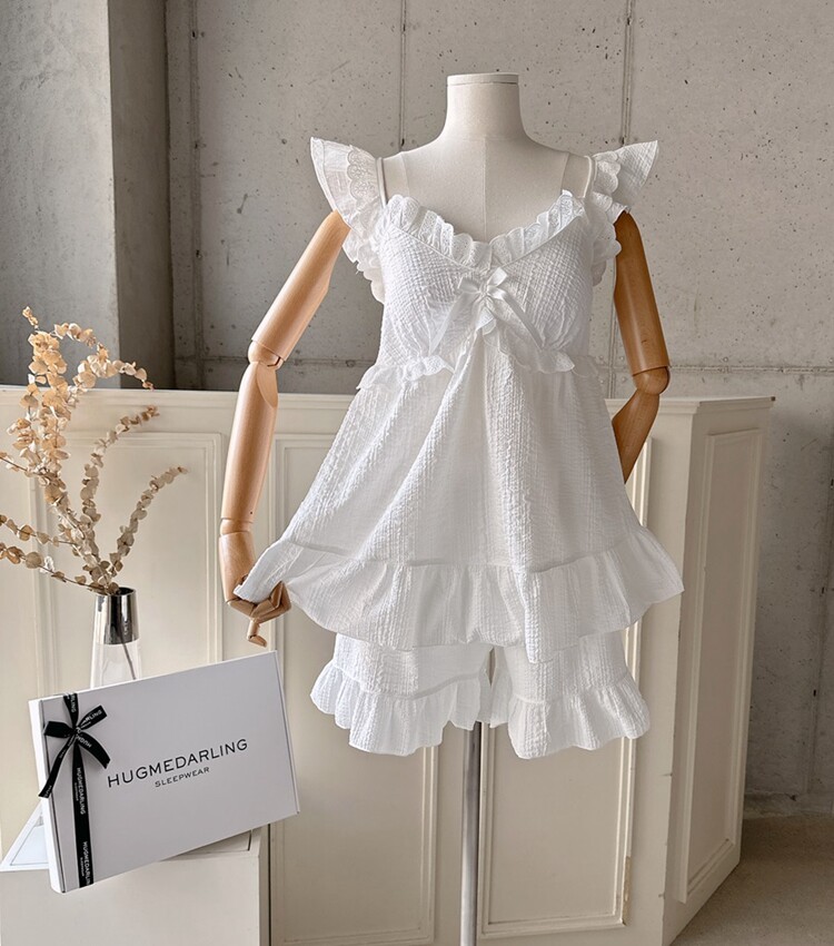 韩国进口lunaluz正品 23夏季无袖聚酯V领带垫女蕾丝睡衣/家居服套