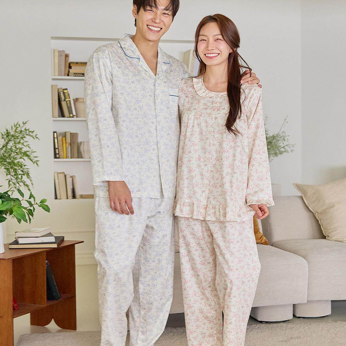 韩国进口carina正品 2024秋季小碎花纯棉男女长袖睡衣/家居服套装