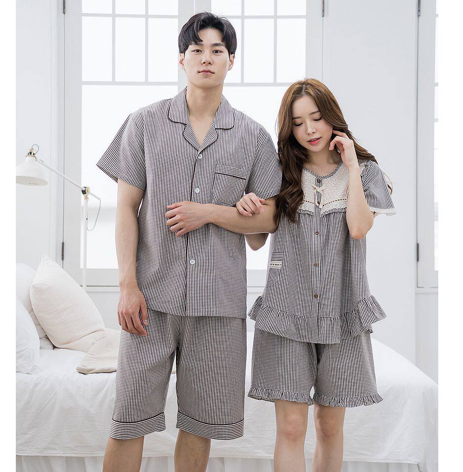 韩国进口正品 夏季新蕾丝小格子简约大方男女短袖睡衣/家居服套装