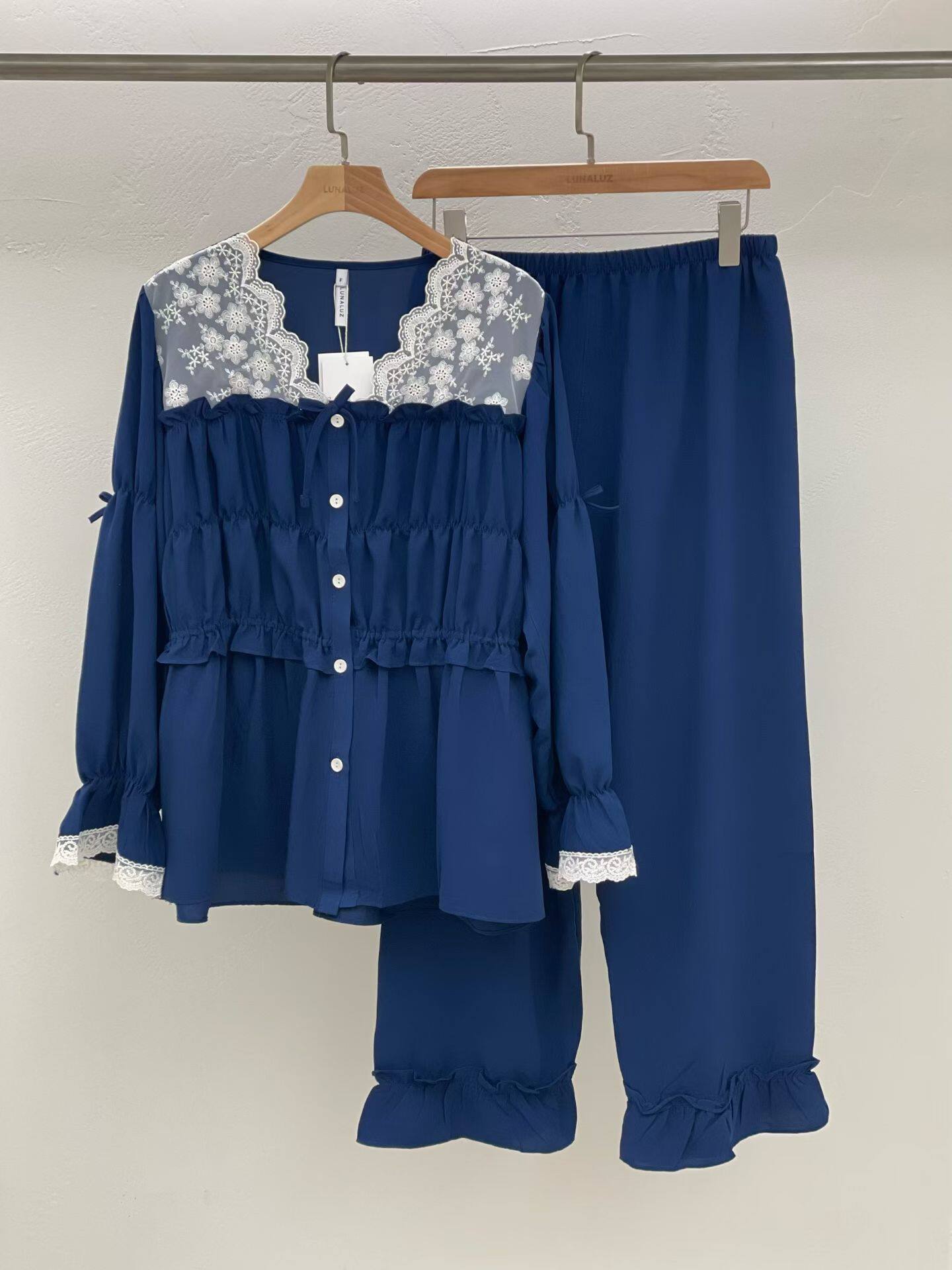 韩国进口lunaluz正品 25秋丝料蕾丝公主仙女长袖睡衣/家居服套装