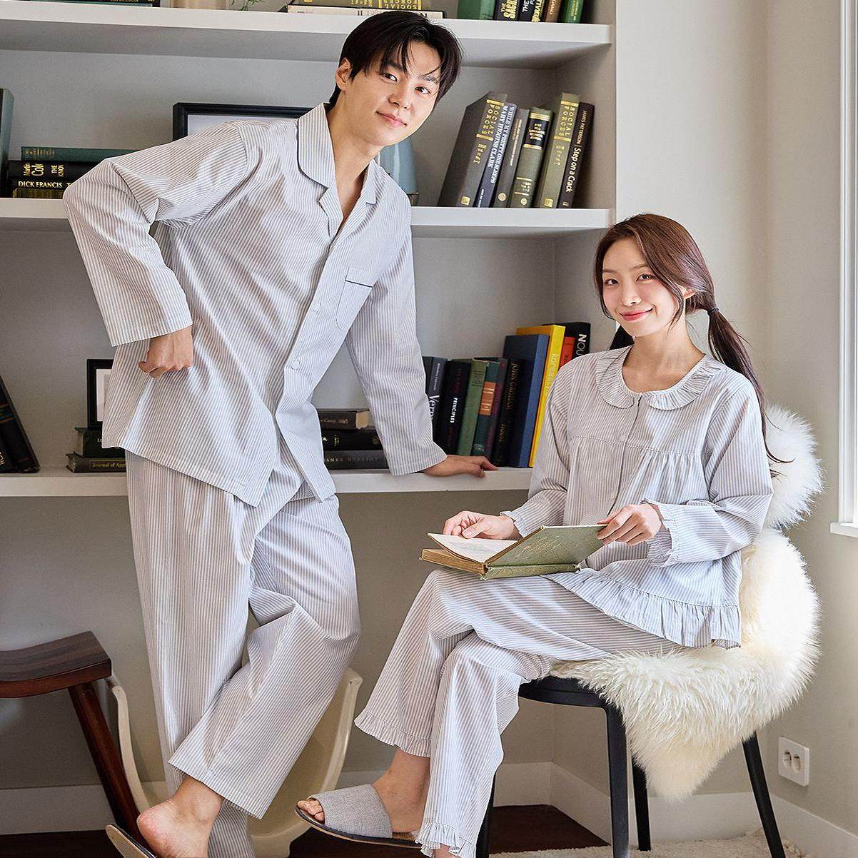 韩国进口carina正品 2024秋季竖条纹纯棉男女长袖睡衣/家居服套装