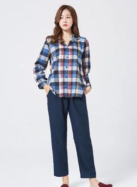 韩国进口orcite正品 春秋可外穿格子休闲女士长袖睡衣/套装家居服