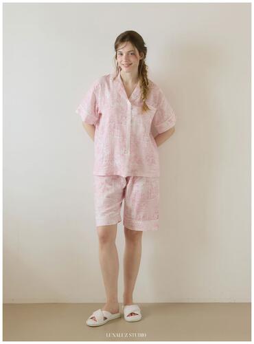 韩国进口lunaluz正品26夏季短袖纯棉翻领水印女士睡衣/家居服套装
