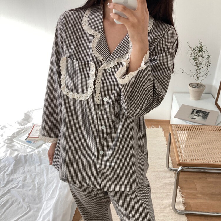 韩国进口正品 夏季新翻领木耳边格子简约男女长袖睡衣/家居服套装