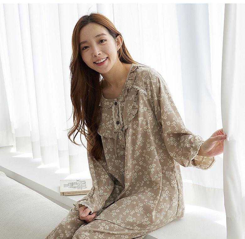 韩国进口carina正品 2023秋季丝滑小碎花女士优雅睡衣套装/家居服