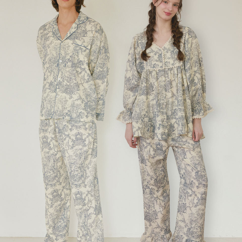 韩国进口lunaluz正品 25春复古印花水墨婴儿棉情侣睡衣/家居服套