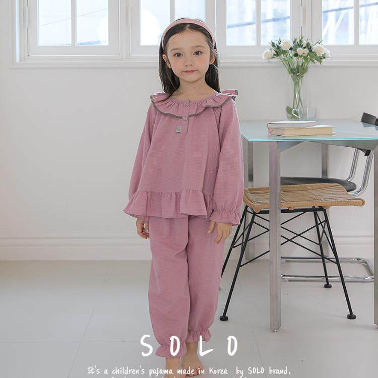 韩国进口童装SOLO 2024秋娃娃领甜美泡泡棉男女童家居服/睡衣套装