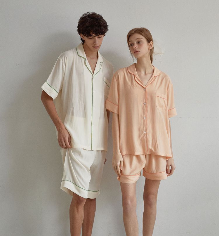 韩国进口lunaluz正品 24夏季翻领丝滑男女款短袖女睡衣/家居服套