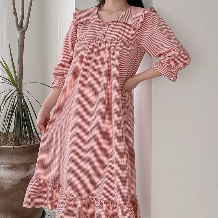 韩国进口evenie正品2024春款棉格子棉减龄宽松7分袖女士睡衣/睡裙