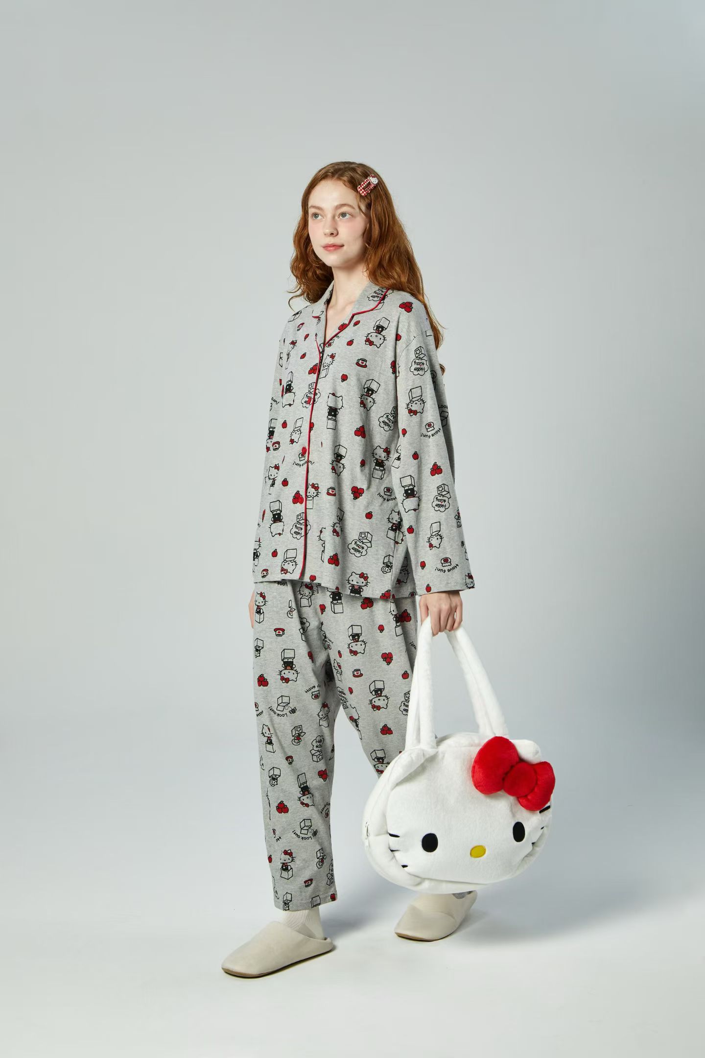 韩国进口hello kitty卡通猫咪红边针织棉翻领长袖睡衣/家居服套装