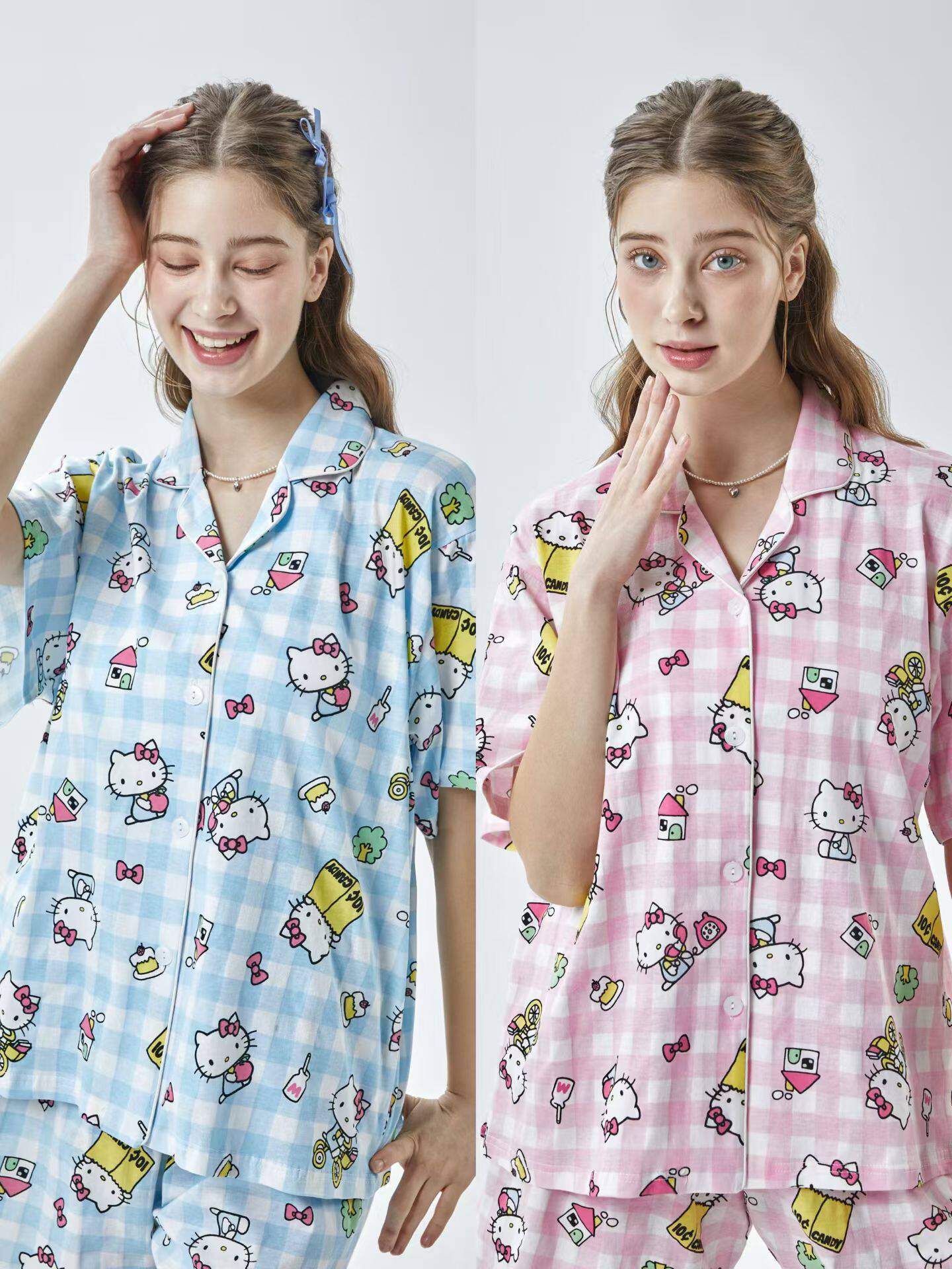 韩国进口Hello Kitty正品夏季翻领短袖圆筒形纯棉睡衣/家居服套装