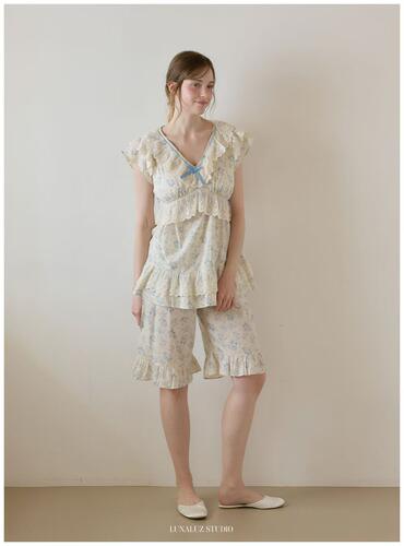 韩国进口lunaluz正品26夏季短袖纯棉V领碎花女士睡衣/家居服套装
