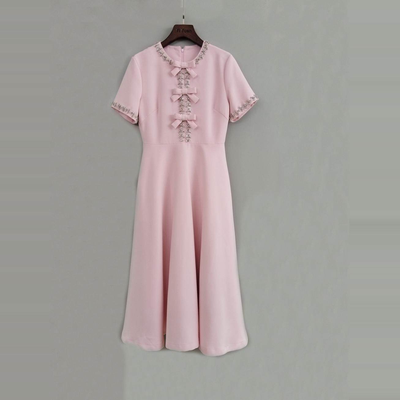 轻奢重工镶钻蝴蝶结装饰大摆显瘦短袖连衣裙女法式高级感礼服长裙