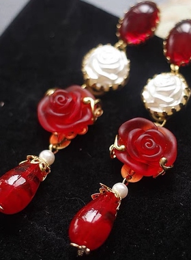 Asuw作品130玫瑰-英国手工艺云纹琉璃鸽血红珍珠复古长款耳环耳夹