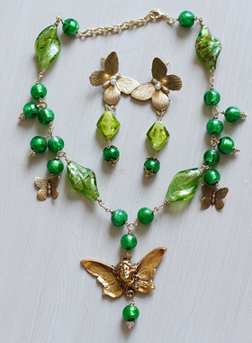 如意180蝴蝶欧美祖母绿老琉璃Vintage耳夹耳环askew london风项链