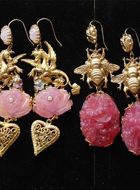 Asuw223飞马欧美樱花粉雕刻玫瑰琉璃宝石中古复古耳环耳夹vintage