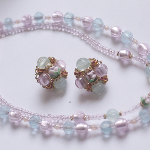 如意Beading03原创设计西德玫瑰琉璃中古耳夹耳环项链套装vintage