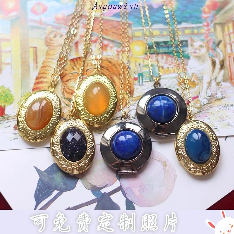 如意|欧美国进口回流天然石复古董中古vintage吊坠照片相片盒项链