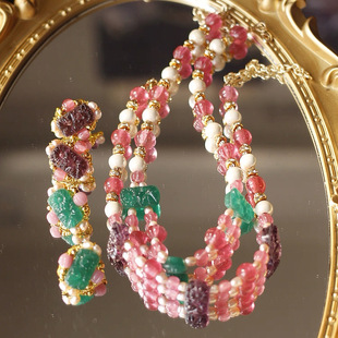 如意|原创设计西德中古董雕花琉璃串珠粉红色祖母绿项链耳环耳夹