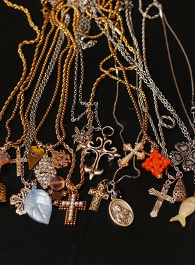 欧美法国意大利天然珍珠包金复古潮流秋冬十字架毛衣项链vintage