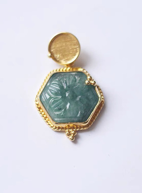 ArtJewelry意大利珠宝天然祖母绿吊坠925银镀金雕刻雕花卉吊坠女