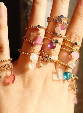 欧美印度进口天然黄水晶粉晶红宝石复古吊坠原创活口戒指vintage