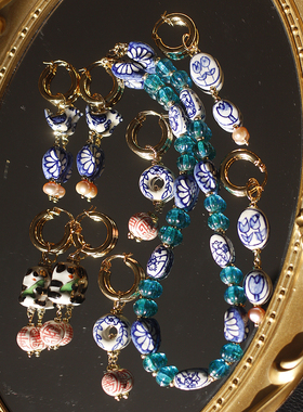 Asuw227意大利古罗马荷兰小众艺术家手工彩绘陶瓷天然珍珠耳环女