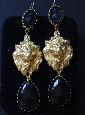 如意原创设计Askew London风狮子座中古董老琉璃Vintage耳环耳夹